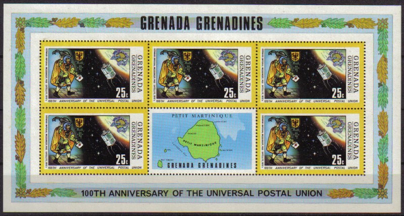 GRENADA GRENADINES 1974 Scott 567 Sellos Nuevos HB Cent. UPU Cartero Imperial Aleman 1450 y satélite