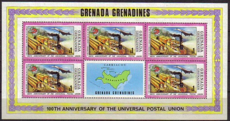 GRENADA GRENADINES 1974 Scott 569 Sellos Nuevos HB Cent. UPU Us postal en 19 Aniversario Tren