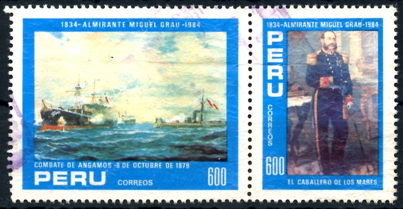 PERU_SCOTT 824a_b 150º ANIV ALMIRANTE MIGUEL GRAU_BATALLA NAVAL DE ANGAMOS. $0,90