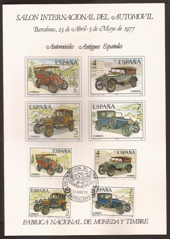 SPD Automoviles Antiguos Españoles. Salon Int Aut. Bcn  23 abr 1977 4 sellos