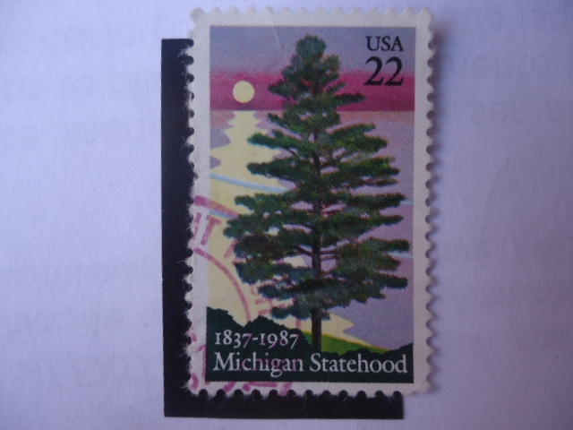 Michigan Statchood 1837-1987 - 150 Years Michigan Statehood, white Pine next to sun set.
