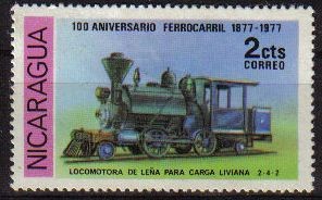 NICARAGUA 1977 Sello Nuevo Tren Aniversario del Ferrocarril Locomotora de Leña para Carga Liviana