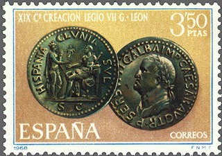 ESPAÑA 1968 1873 Sello Nuevo Centenario Legio Gemina León Moneda de Galba