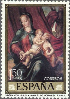 ESPAÑA 1970 1965 Sello Nuevo Dia del Sello Pintor Luis de Morales El Divino La Virgen con los niños