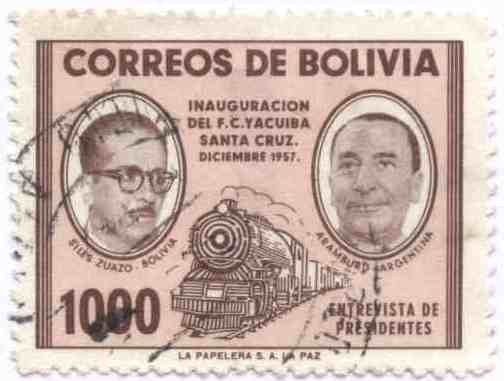 Conmemoracion de la Inauguracion del ferrocarril Yacuiba-Santa Cruz. Siles Suazo-Aramburu, President