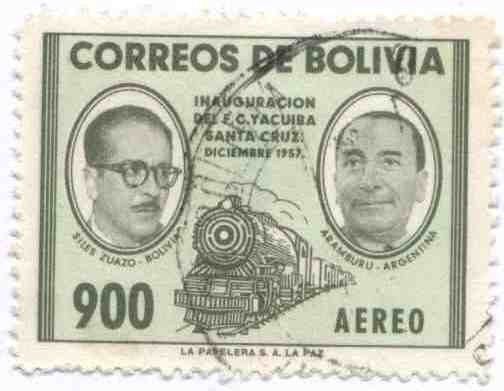 Conmemoracion de la Inauguracion del ferrocarril Yacuiba-Santa Cruz. Siles Suazo-Aramburu, President