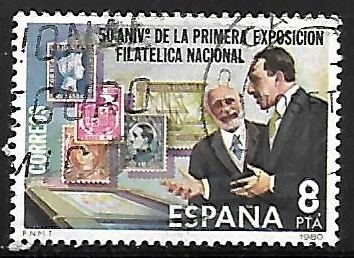 50 Aniversário de la primera Exposición Filatélica Nacional - Alfonso XIII visitando la exposición