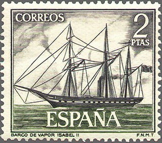 ESPAÑA 1964 1607 Sello Nuevo Barcos Marina Española Barco de Vapor Isabel II