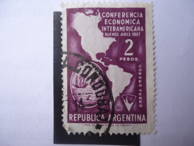 Conferencia Económica Interamericana Buenos Aires 1957 - Mapa de América y Escudo de Armas.