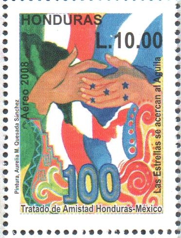 100th  TRATADO  DE  AMISTAD  HONDURAS-MÉXICO.  MANOS, BANDERA  Y  MAPA.