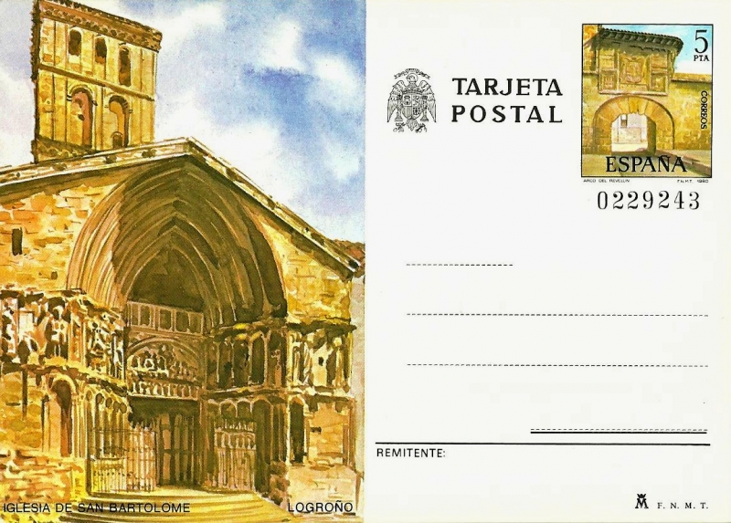 Tarjeta Entero Postal Edifil T123 Iglesia San Bartolomé Logroño 5 NUEVO