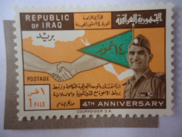 General Abdul Karim Kassem (1914/63-4° Aniversario de la Revolución - Apretón de Manos-Bandera.