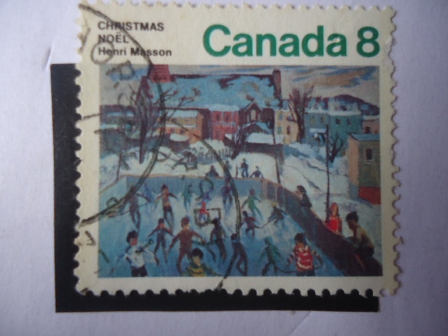 Patinadores en Hull-Quebec. Oleo de Henri Masson - Navidad 1974.
