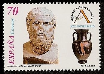 XXX Anivº Academia Olímpica Española - Busto de Platón y cerámica griega