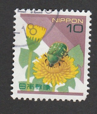 Escarabajo verde sobre flor amarilla