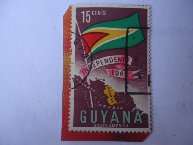 Mapa y Bandera de Guyana - Serie:Commemoración de la Independencia 1966.