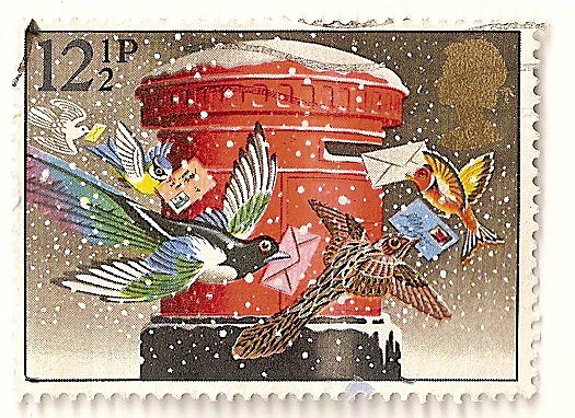 Navidad 1983. Pajaros con cartas y buzon de correos.