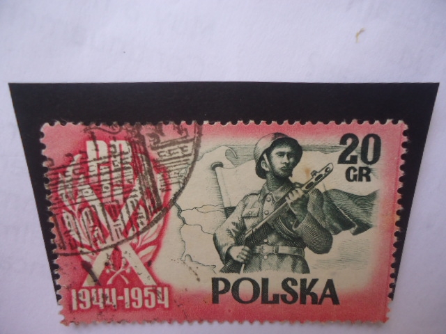 Medalla del 10° Aniversario de la Polonia Popular 1944-1954 - PLR - Soldado Bandera y Mapa.