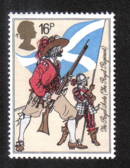 Uniformes del ejército británico, mosquetero y piquero (The Royal Scots, 1633)