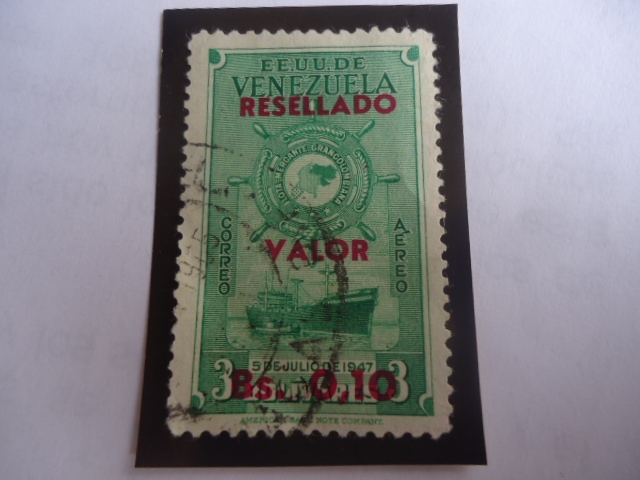 E.E.U.U. de Venezuela - Flota Mercante Gran Colombiana . 5 de Julio de 1947 - Resellado con 0,10 Cén