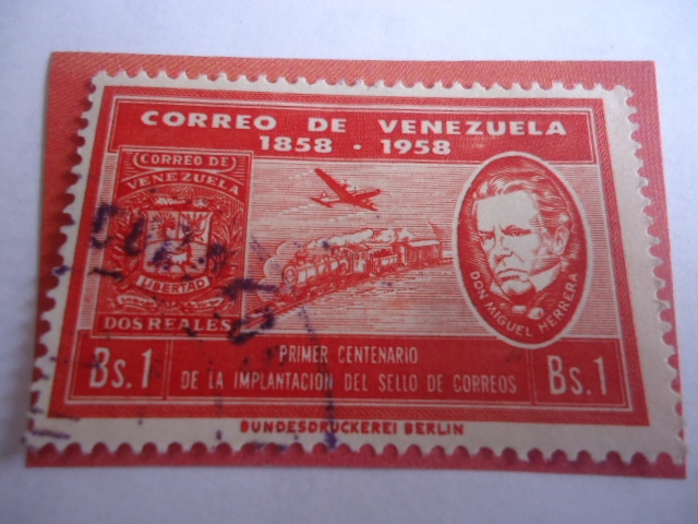 Primer Centenario de la Implantación del Sello de Correo, 1858-1958-Don Miguel Herrera-Escudo de Arm