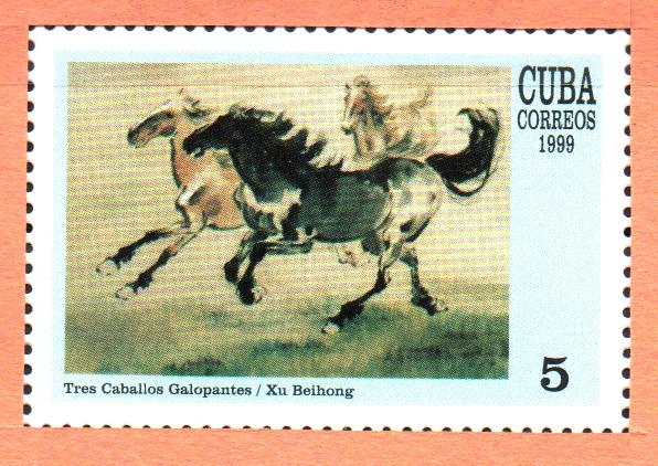 EXPOSICIÓN  FILATÉLICA  MUNDIAL  CHINA.  TRES  CABALLOS  AL  GALOPE  DE  XU  BEIHONG.