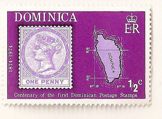 Cent. del sello postal dominicano. Nº 1 de Dominica y mapa de la isla.