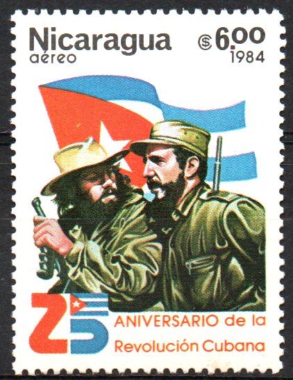 25th  ANIVERSARIO  DE  LA  REVOLUCIÓN  CUBANA.  FIDEL  CASTRO,  CHE  GUEVARA  Y  BANDERA  DE  CUBA.