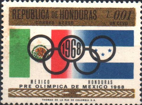 19th  JUEGOS  OLÍMPICOS  MÉXICO  1968.  AROS  OLÍMPICOS,  BANDERA  DE  MÉXICO  Y  HONDURAS.