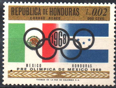 19th  JUEGOS  OLÍMPICOS  MÉXICO  1968.  AROS  OLÍMPICOS,  BANDERA  DE  MÉXICO  Y  HONDURAS.