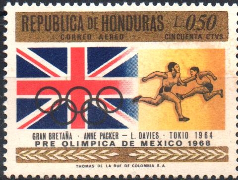 19th  JUEGOS  OLÍMPICOS  MÉXICO  1968.  AROS  OLÍMPICOS,  BANDERA  DE  G. BRETAÑA  Y  CARRERA  FEMEN