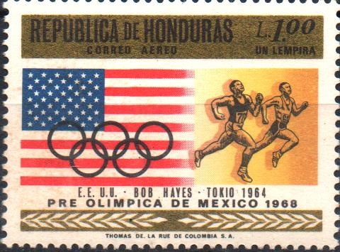 19th  JUEGOS  OLÍMPICOS  MÉXICO  1968.  AROS  OLÍMPICOS,  BANDERA  DE  U.S.A.  Y  CARRERA  MASCULINA