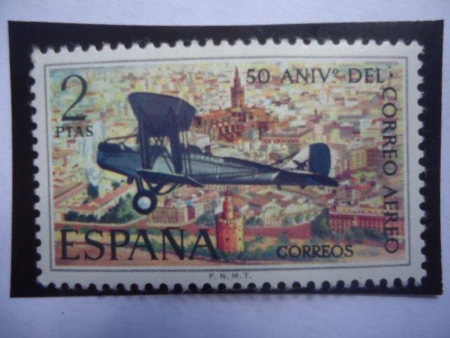 Ed: 2059 - 50 Aniversario del Correo Aéreo Español- Havilland DH-9 volando sobre Sevilla.