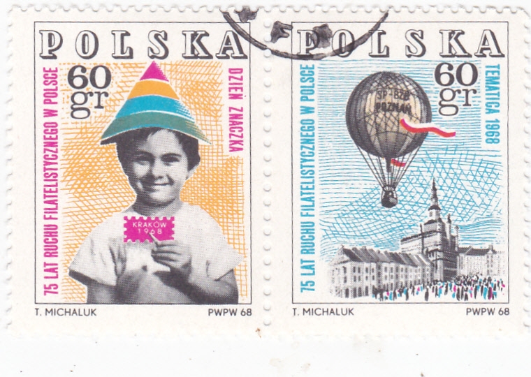 Niño sosteniendo sello simbólico75 Años de Filatelia en Polonia