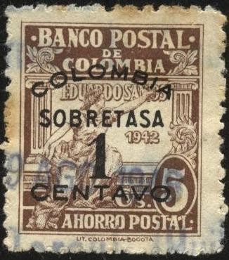 Banco Postal de Colombia. Sobretasa 1942.