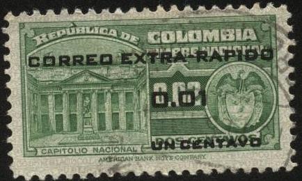 Correo extra rápido. Capitolio Nacional y escudo de Colombia.
