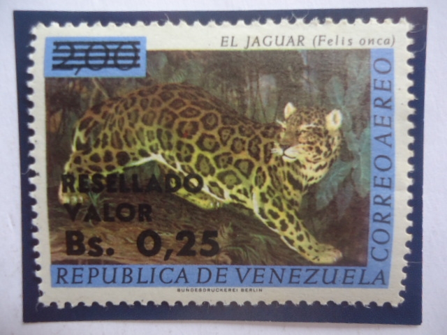 El Jaguar - (Felis onca)-Sello Sobretasa: 0,25 sobre 2,00 Bs.