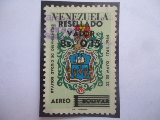 Bicentenario de Ciudad Bolívar - Escudo de Armas - Sello sobretasa, Bs0,15 sobre 1Bs.