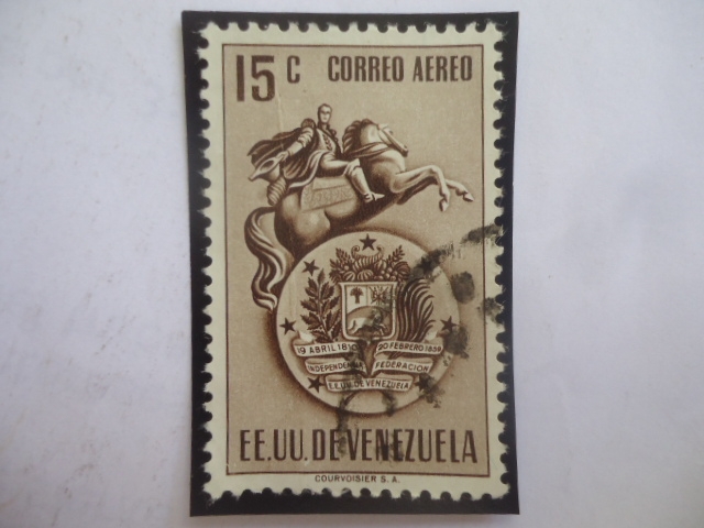 EE.UU. de Venezuela - Venezuela 15 cént. - Escudo de Arma y Escultura de Bolívar.