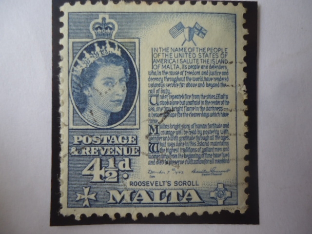 Roosevelt´s Scroll-Pergamino de Roosevelt-Serie: Reina Elizabeth II (1956-58)-4,1/2 penique Maltés.
