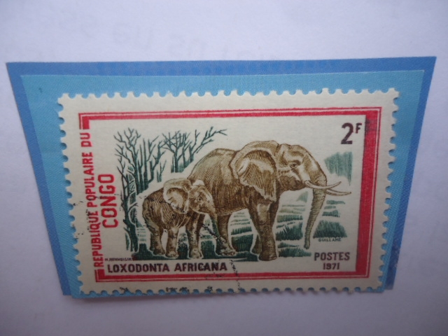 Elefante Africano- Loxodonta Africana- Serie Fauna Salvaje (1972)- Sello de 2 FCFA- Fr. África Centr