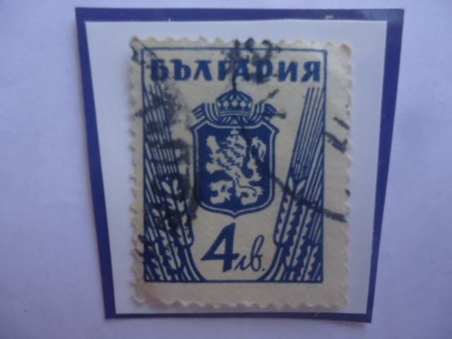 León de Bulgaria- Sello de 4 Lev Búlgaro, año 1945- Escudo de Armas.