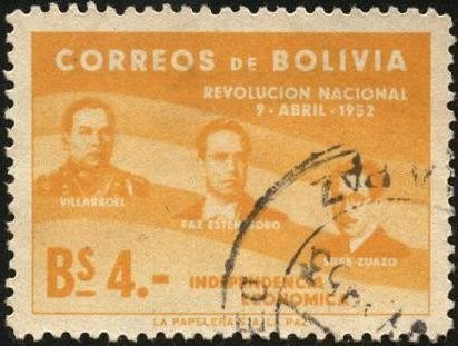 Primer aniversario de la revolución nacional de 1952. VILLAROEL, ESTENSSORO, SILES SUAZO.