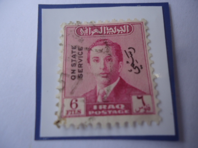 King Faisal II de Irank (1935-1958)-Sello Sobreimpreso, año1956-Valor de 6 Fils Iraquíes.