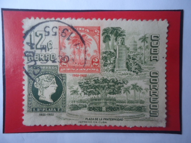 100 Años de las Antillas Española (1855-1955)-Plaza de la Fraternidad-2 Estampillas dentro de Otra.