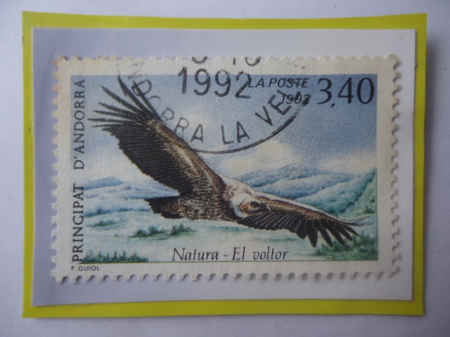 Principat D´Andorra- Buitre Leonado- (gips fulvus)- Sello de 3,40 Franco Francés, año 1992.