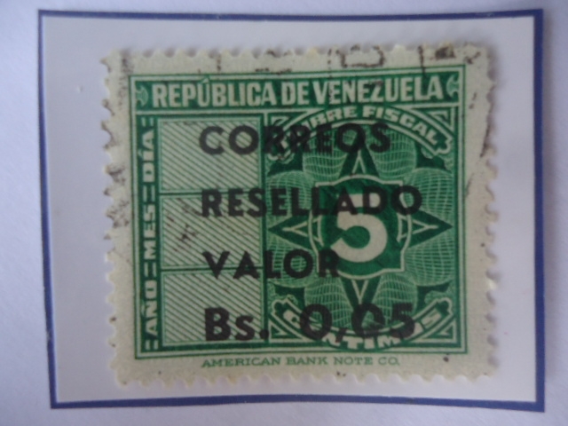 Timbre Fiscal- Correo Reservado- Sello sobretasa de Bs 0,05 sobre 5 Céntimos, año 1965-Valor nuevo.