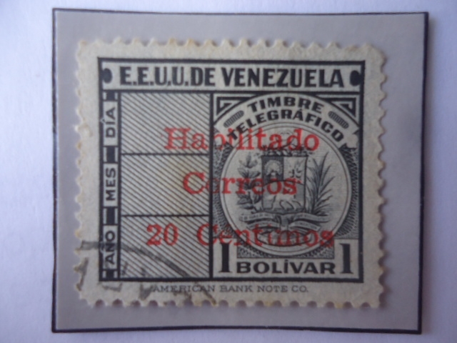 EE.UU Venezuela-Timbre Fiscal Habilitado para Correo Telegráfico- Sello de 20 cénts. sobre Bs 1