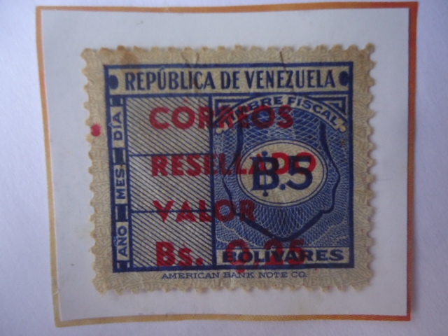 Timbre Fiscal- Correo Reservado- Sello sobretasa de Bs 0,25 sobre Bs 5, año 1965-Valor nuevo.