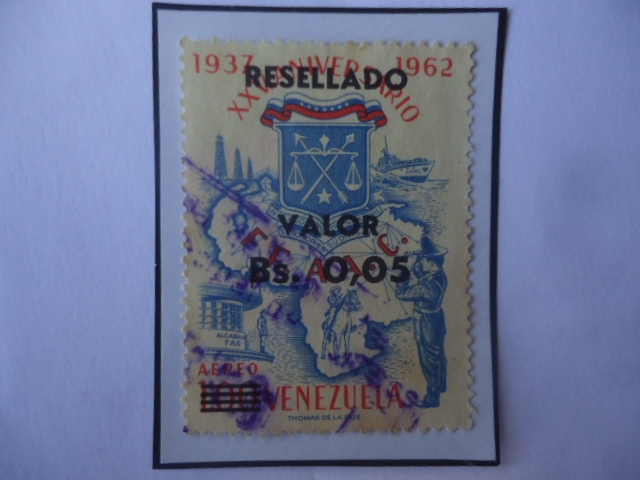 FF.AA.C.-XXV Aniversario (1937-1962)-Emblema y Mapa- Sello Sobretasa de Bs 005 sobre Bs 1,00, año 1